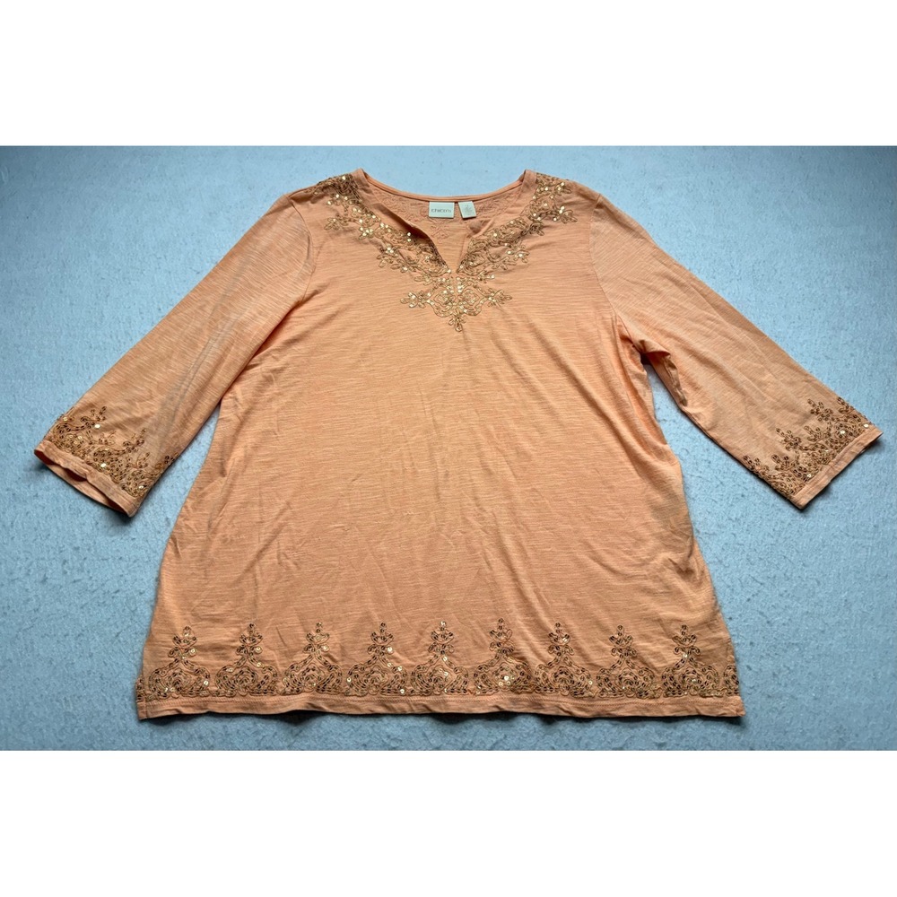 Chicos Peach Orange Sequin Embroidered Slub Knit V-Neck Top 3/4 Sleeve Size 2 L